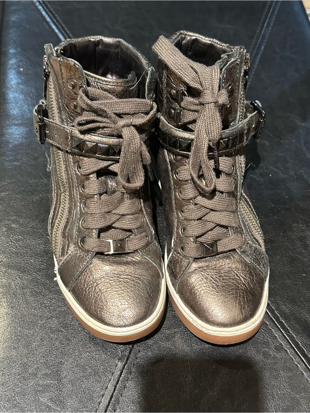 Michael Kors Metallic Gray High-Top Sneakers with Studded Strap